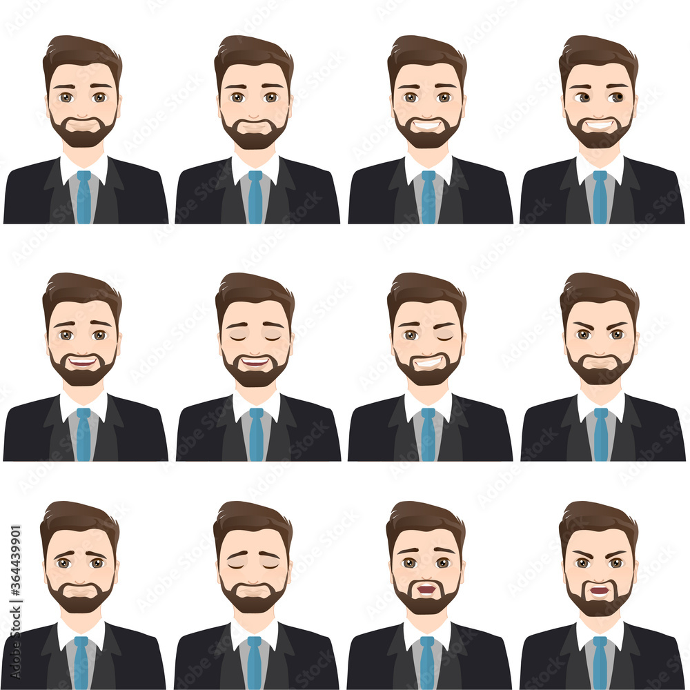 Men with different facial expressions. Man emotion set. Isolated vector illustration set. Men with different facial expressions. Man emotion set. Isolated vector illustration set.