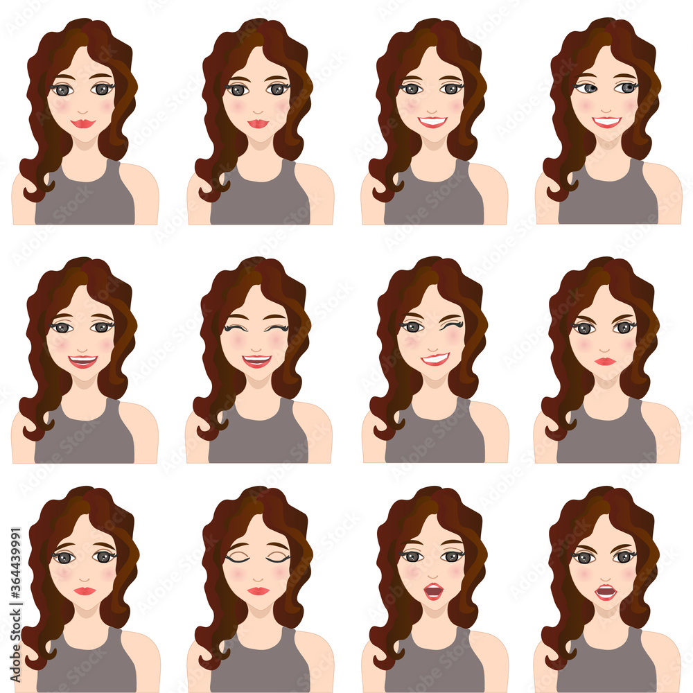 Beautiful woman with different facial expressions set isolated vector illustration