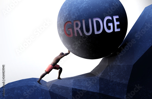 Grudge as a problem that makes life harder - symbolized by a person pushing weight with word Grudge to show that Grudge can be a burden that is hard to carry, 3d illustration