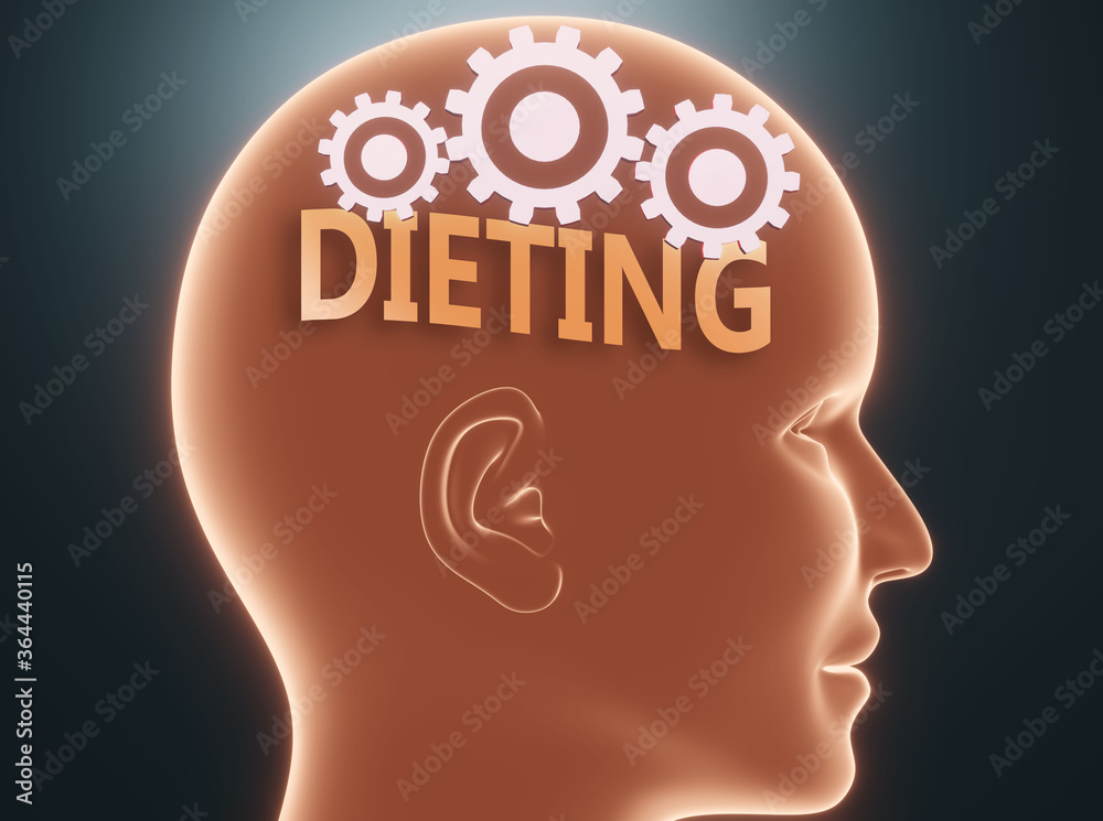 Dieting inside human mind - pictured as word Dieting inside a head with cogwheels to symbolize that Dieting is what people may think about and that it affects their behavior, 3d illustration