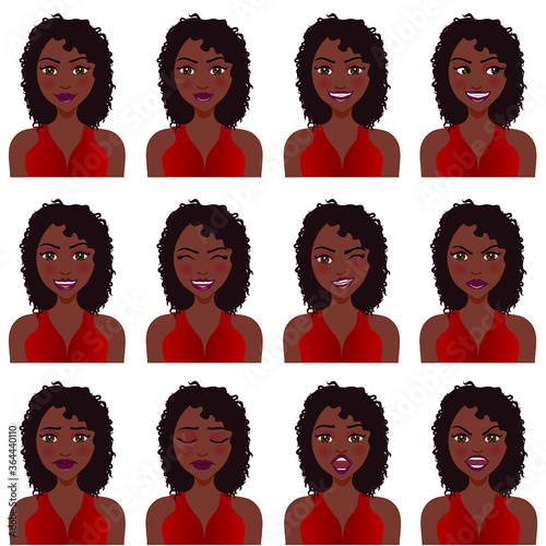 Beautiful brunette woman with twelve different facial expressions. Vector illustration