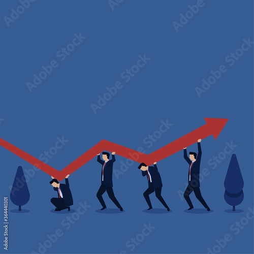 People struggle hold chart to going up metaphor of survive and loss. Business flat vector concept illustration.