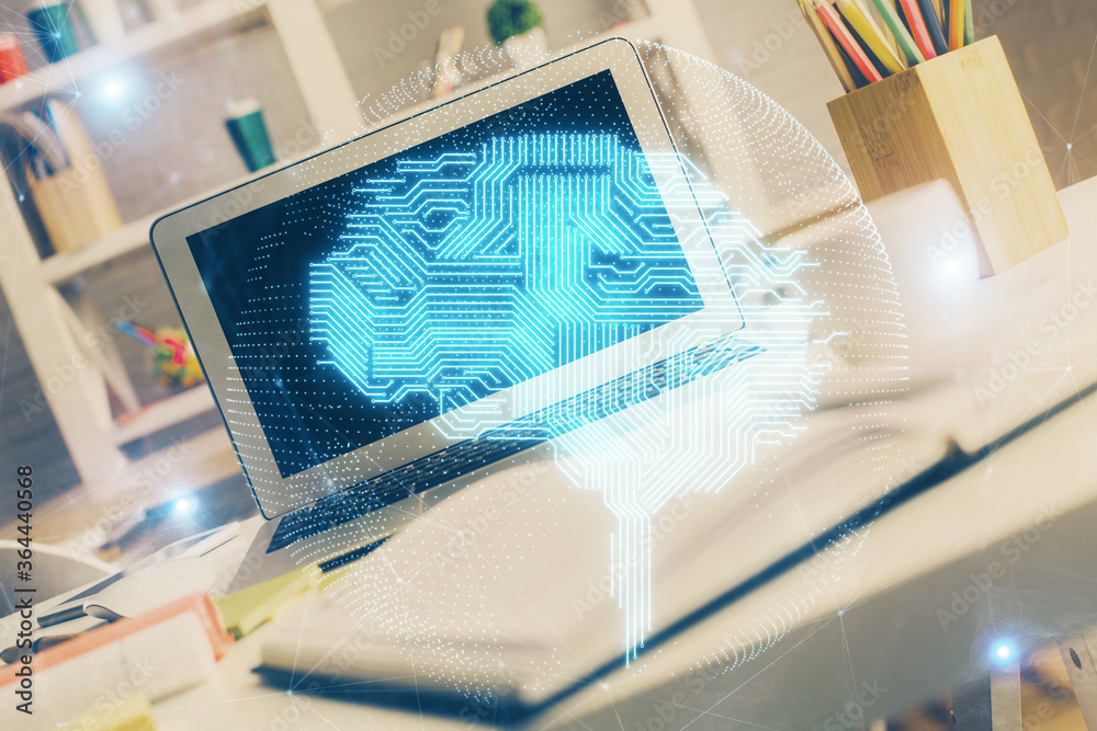 Double exposure of desktop computer and human brain drawing hologram. Ai concept.