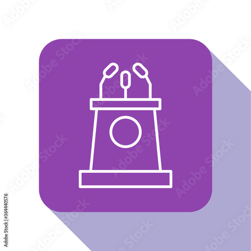 White line Stage stand or debate podium rostrum icon isolated on white background. Conference speech tribune. Purple square button. Vector Illustration.