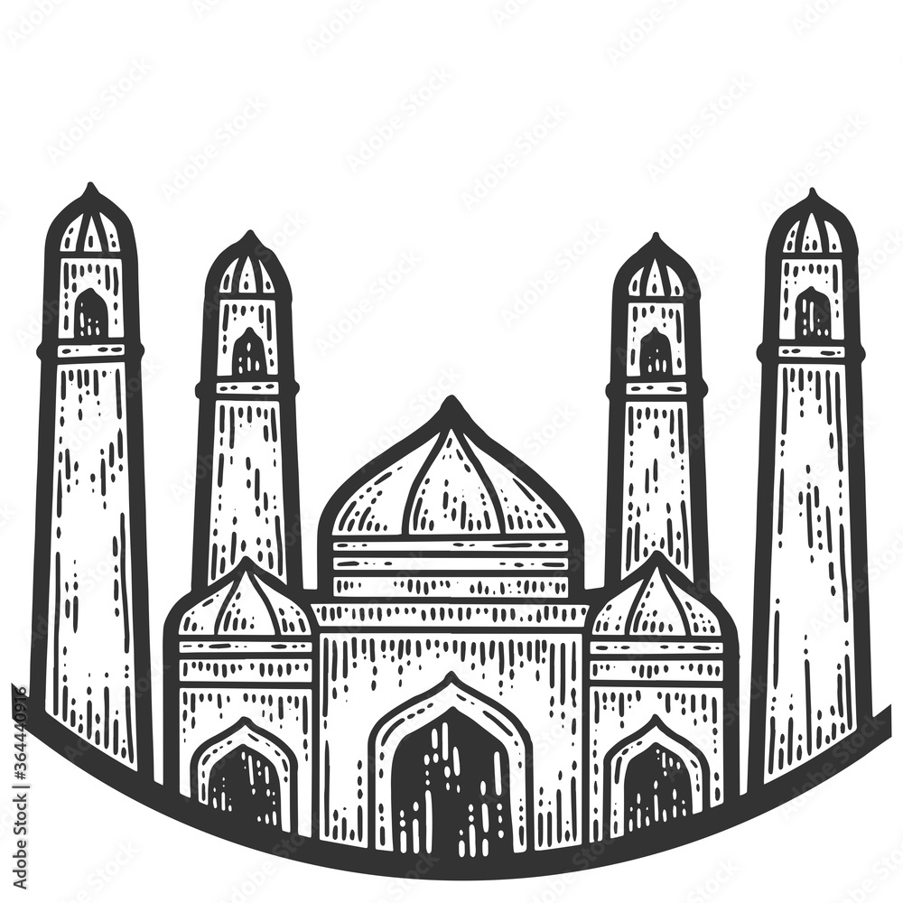 Taj Mahal. Symbols of Turkey. Sketch scratch board imitation. Black and white.