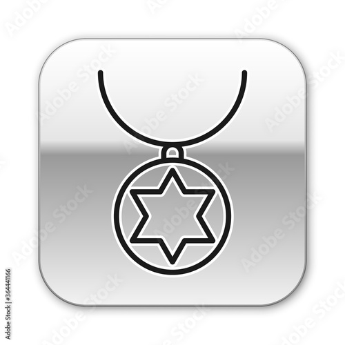 Black line Star of David necklace on chain icon isolated on white background. Jewish religion. Symbol of Israel. Jewellery and accessory. Silver square button. Vector Illustration.