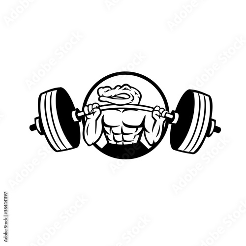 Alligator Lifting Heavy Barbell Weight Circle Mascot Black and White