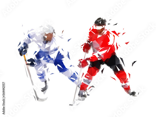 Ice hockey. Two hockey players skating. Isolated low polygonal vector illustration. Front view