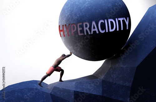 Hyperacidity as a problem that makes life harder - symbolized by a person pushing weight with word Hyperacidity to show that Hyperacidity can be a burden that is hard to carry, 3d illustration photo