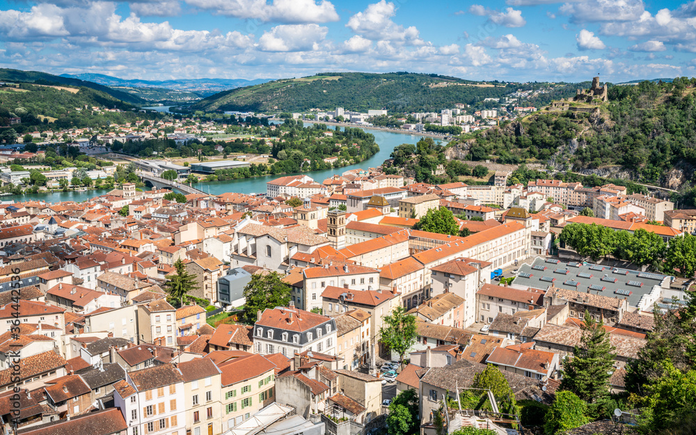 Panorama of Vienne with the old city and view of castle of la Batie in Vienne Isere France