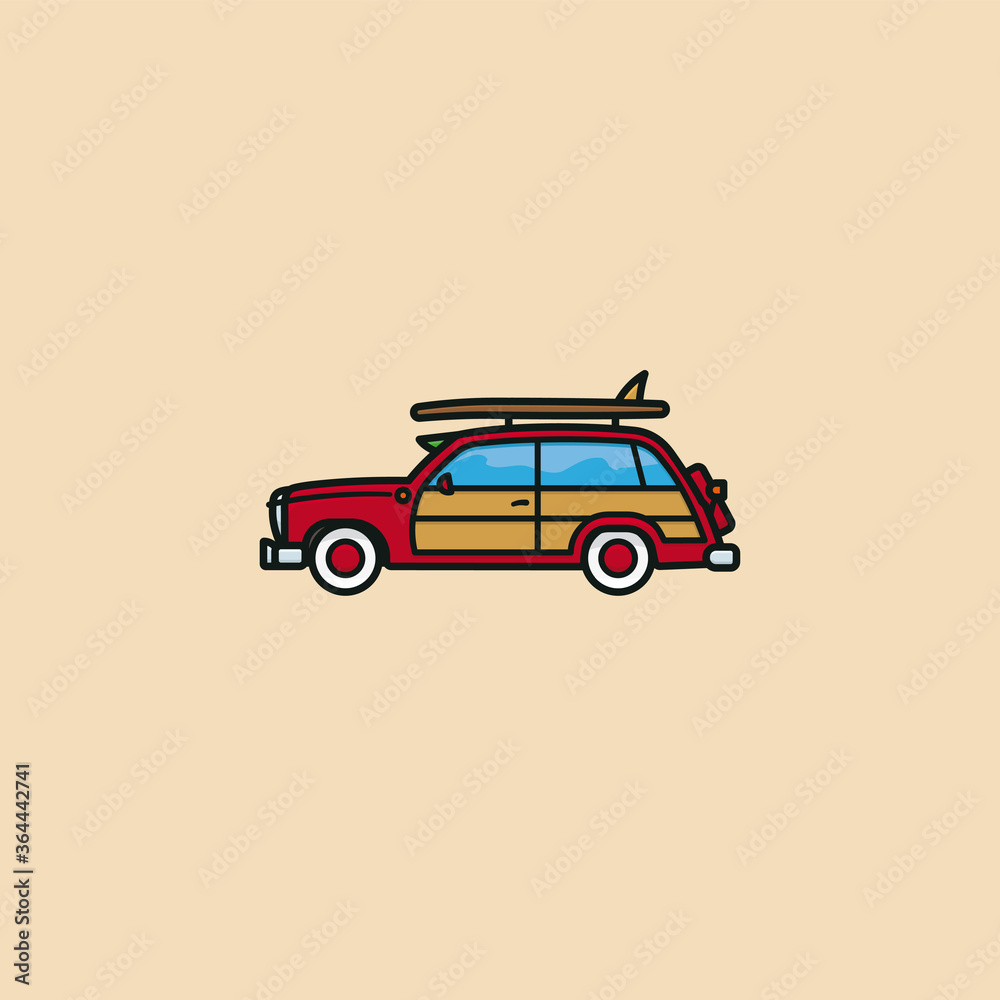 Woody Wagon surf trip automobile vector illustration for National Woody Wagon Day on July 18. Surfer car symbol.