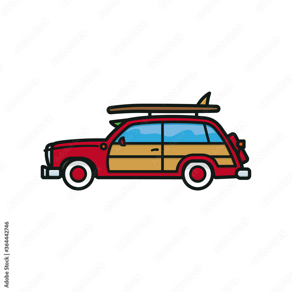Woody Wagon surf trip automobile vector illustration for National Woody Wagon Day on July 18. Isolated surfer car symbol.