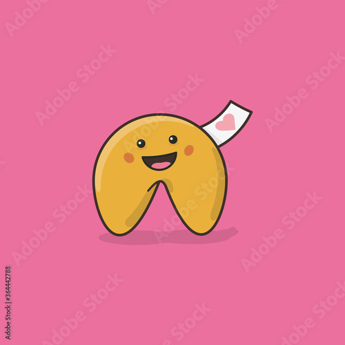 Cute Kawaii fortune cookie vector illustration with valentine on message slip. 