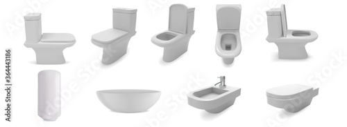 Washroom toilet sink isolated on white background. 3d realistic vector objects. Bathroom ceramic furniture, basin, water heater, bidet. Home interior illustration