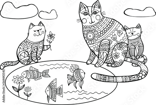 coloring book mom cat with kittens by the lake with fish black and white hand drawn linear for children and adults cute kind pictures vector isolated on white background