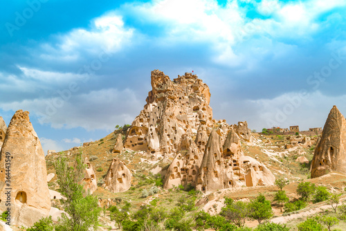 A view of Uchisar Castle near the town of Goreme in Cappadocia, Turkey