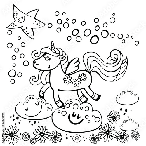 unicorn with wings cartoon clouds isolated on white background elements beautiful fun hand drawn Doodle coloring book cover print