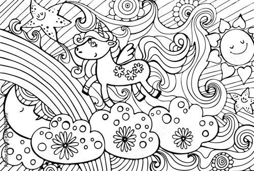 unicorn clouds sun rainbow beautiful fun hand drawn Doodle coloring book cover print