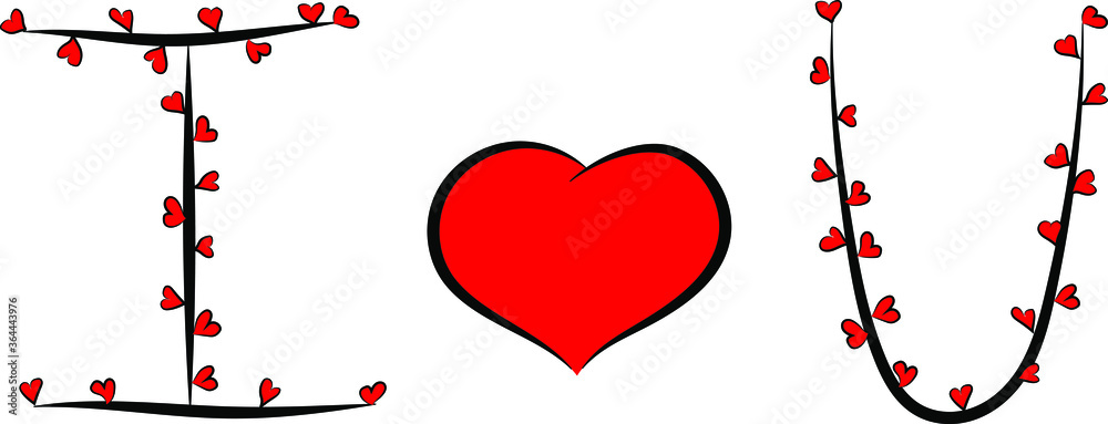 A romantic Declaration of love. Bright big red heart and letters I and U. Encrypted message to your loved one I Love you. Black branches and petals in the form of hearts. Valentine's day greetings