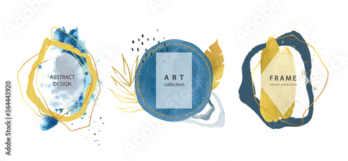 Set of abstract frames with hand drawn watercolors shapes and tropical leaves.Minimal template for creative designs, card, invitation.