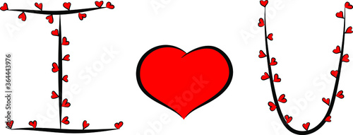 Obraz na płótnie A romantic Declaration of love. Bright big red heart and letters I and U. Encrypted message to your loved one I Love you. Black branches and petals in the form of hearts. Valentine's day greetings w salonie