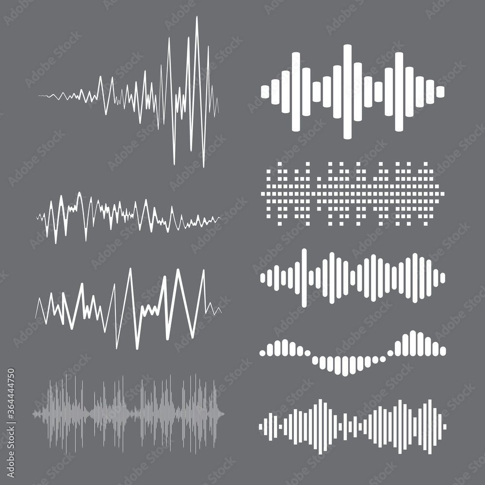 Collection white music wave on grey background. Vector set of isolated audio logos, pulse players, equalizer symbols sound design elements