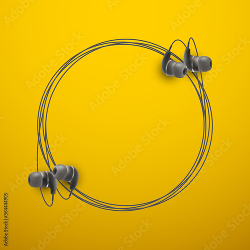 Innovative music quotation template in headphones quotes isolated on backdrop. Creative banner illustration with quote in a frame wire with Black quotes. speech bubble Template modern headset design.