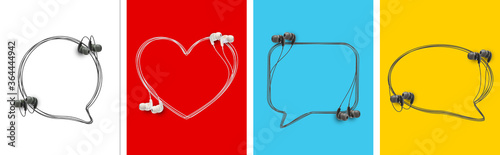 Innovative music quotation template speech bubble set in headphones quotes isolated on backdrop. Creative banner illustration set with quote frame wire with quotes headset modern design cloud remark