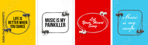 Innovative music quotation template speech bubble set in headphones quotes isolated on backdrop. Creative banner illustration set with quote frame wire with quotes headset modern design cloud remark