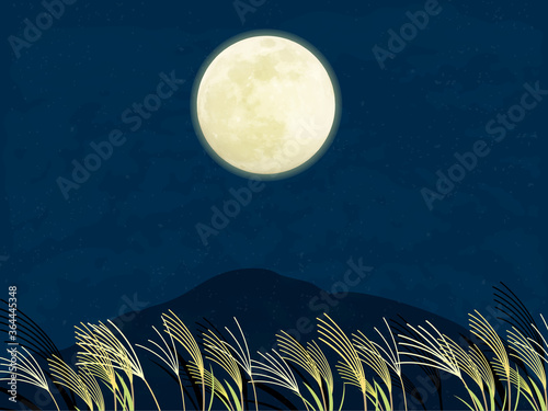 月見 満月とススキの風景イラスト