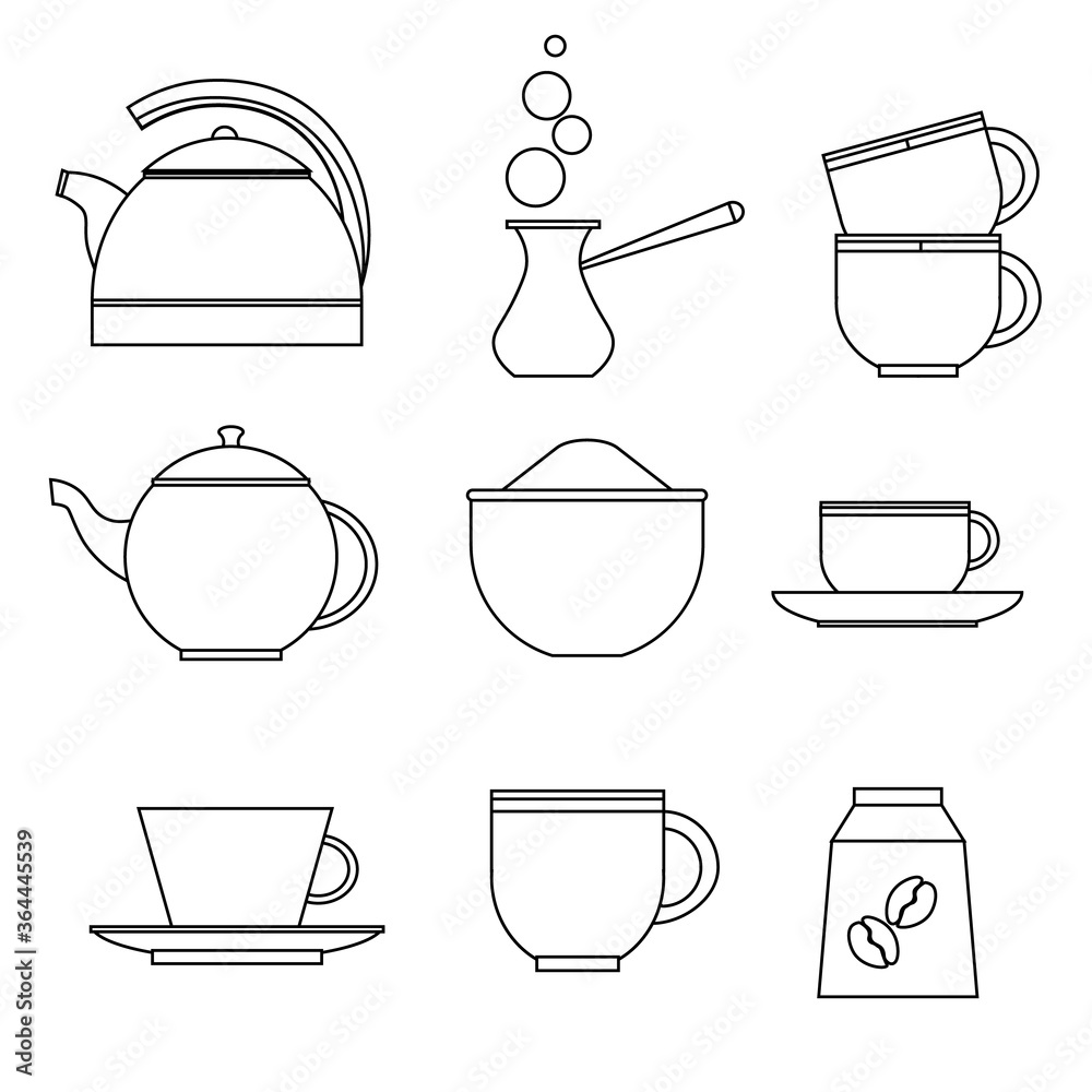 Tea and coffee set. Vector illustration on the theme of dishes and kitchen utensils. Tea and coffee set. Vector illustration on the theme of dishes and kitchen utensils.