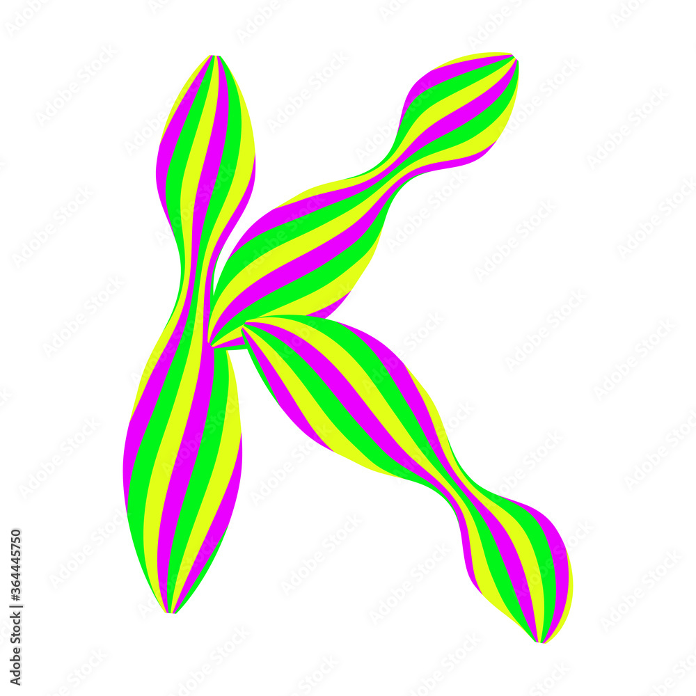 Capital letter K made from caramel candy isolated on white. Font made of curved colored stripes. Festive handwritten font for fun congratulatory text. Vector EPS 10. Capital letter K made from caramel candy isolated on white. Font made of curved colored stripes. Festive handwritten font for fun congratulatory text. Vector EPS 10.