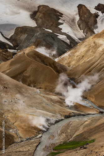 Incredibly colorful and steamy landscape in the geothermal areas of the Kerlingarfjöll mountain range, deep inside the central highlands of Iceland.