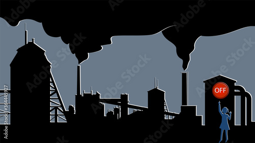 Concept of protest against environmental pollution by factories. Little girl reaches for the red button to turn off the plant. Smoky factory chimneys. Black smoke covers the sky. Vector EPS 10.