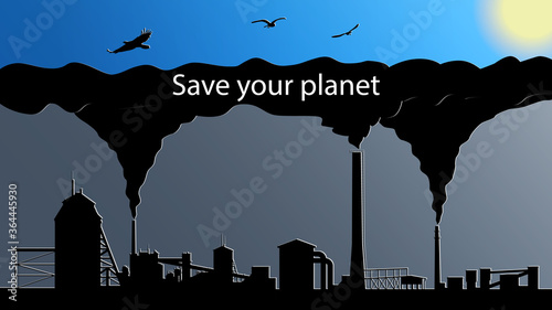 The concept of environmental pollution by plants. Smoky factory chimneys. Chimneys with black smoke close the blue sky with birds and the sun. Vector EPS 10.