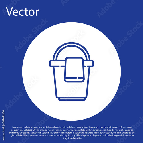 Blue line Bucket with rag icon isolated on blue background. Cleaning service concept. White circle button. Vector Illustration.