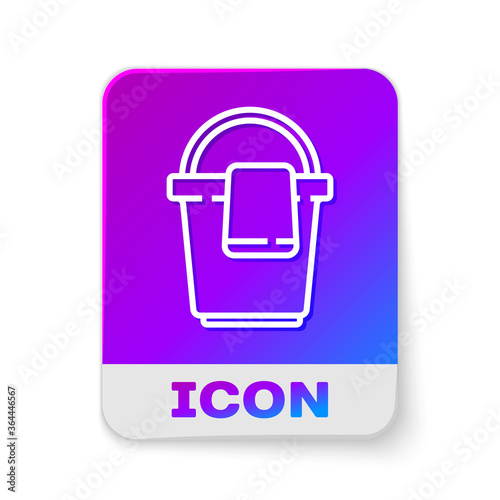 White line Bucket with rag icon isolated on white background. Cleaning service concept. Rectangle color button. Vector Illustration.