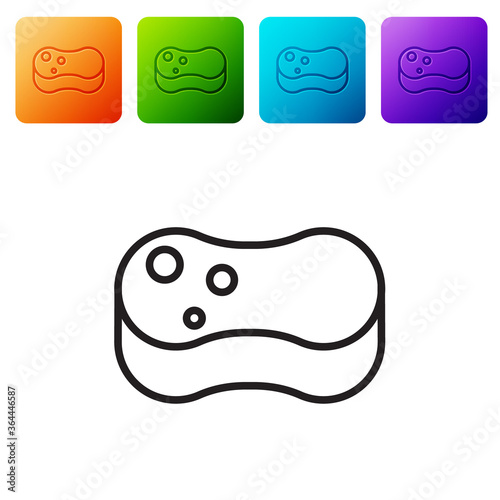 Black line Sponge icon isolated on white background. Wisp of bast for washing dishes. Cleaning service concept. Set icons in color square buttons. Vector Illustration.