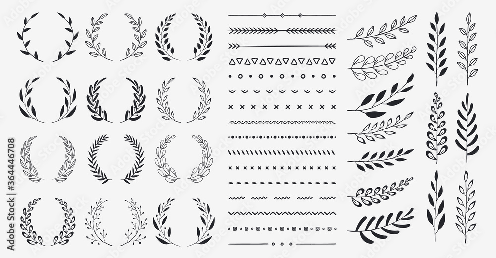 Set of black circular foliate laurels branches. Vintage laurel wreaths collection. Hand drawn vector laurel leaves decorative elements. Leaves, swirls, ornate, award, icon. Vector illustration.