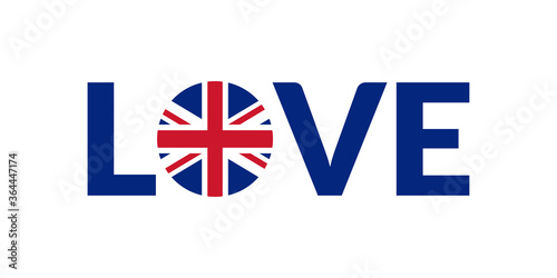 Love UK design with British flag. Great Britain patriotic logo, sticker or badge. Typography design for T-shirt graphic. Vector illustration.