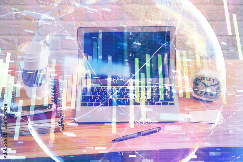Multi exposure of business theme icons and table with computer background. Concept of success. Multi exposure of business theme icons and table with computer background. Concept of success.