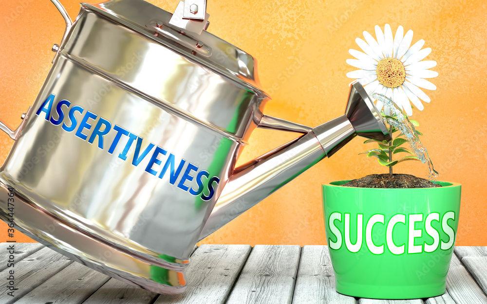 Assertiveness helps achieve success - pictured as word Assertiveness on a watering can to show that it makes success to grow and it is essential for profit in life, 3d illustration - obrazy, fototapety, plakaty 