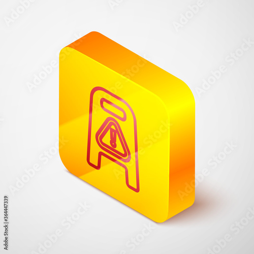 Isometric line Wet floor and cleaning in progress icon isolated on grey background. Cleaning service concept. Yellow square button. Vector Illustration.