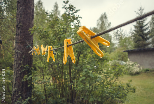 Yellow clothespins hang on a rope in the garden in summer