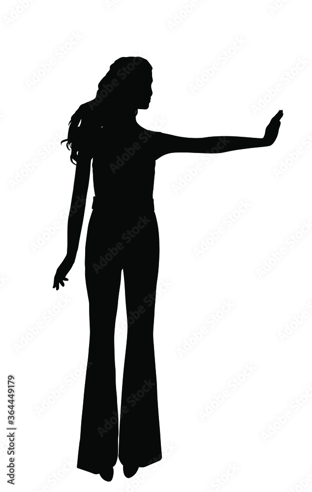 Ill woman warns people around her to keep distance, epidemic prevention vector silhouette isolated on white. Girl stretched out hand with stop gesture avoid communication. Health care against corona