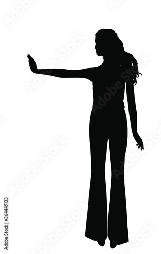 Ill woman warns people around her to keep distance, epidemic prevention vector silhouette isolated on white. Girl stretched out hand with stop gesture avoid communication. Health care against corona