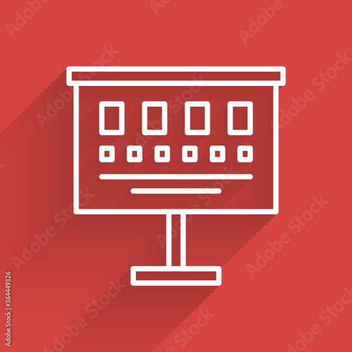 White line Eye test chart icon isolated with long shadow. Poster for vision testing in ophthalmic study. Snellen chart. Vector Illustration.