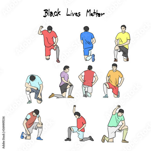 set of soccer player taking a knee protest against racism and police brutality for Black Lives Matter action vector illustration sketch doodle hand drawn with black lines isolated on white background.