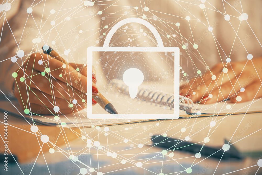 Double exposure of hands making notes with lock icons. Concept security and protection of data Double exposure of hands making notes with lock icons. Concept security and protection of data