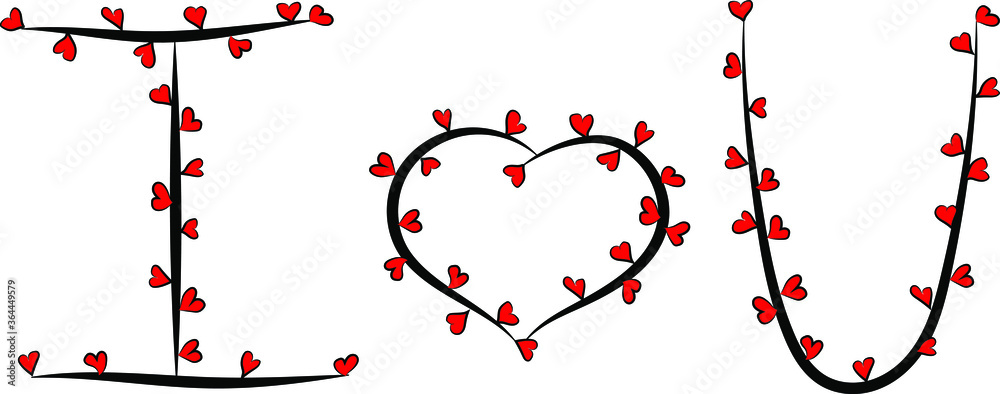 Romantic tender Declaration of love. A large heart with a black outline and red hearts and the letters I and U. Encrypted message to your loved one I Love you. Black branches and petals
